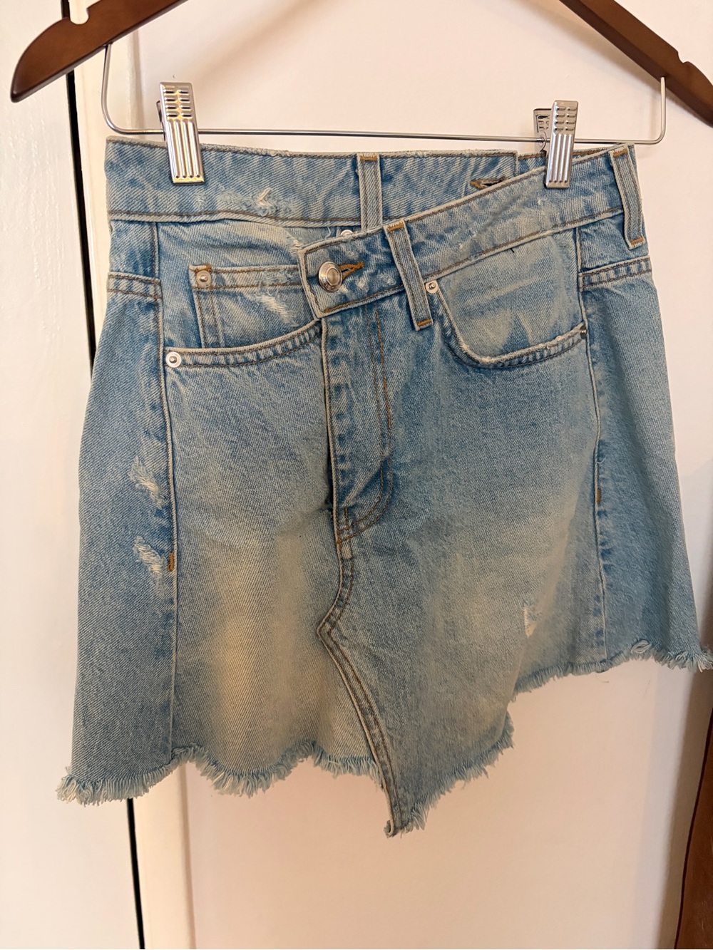 Light Blue Distressed Denim Mini Skirt - Asymmetric Frayed Hem